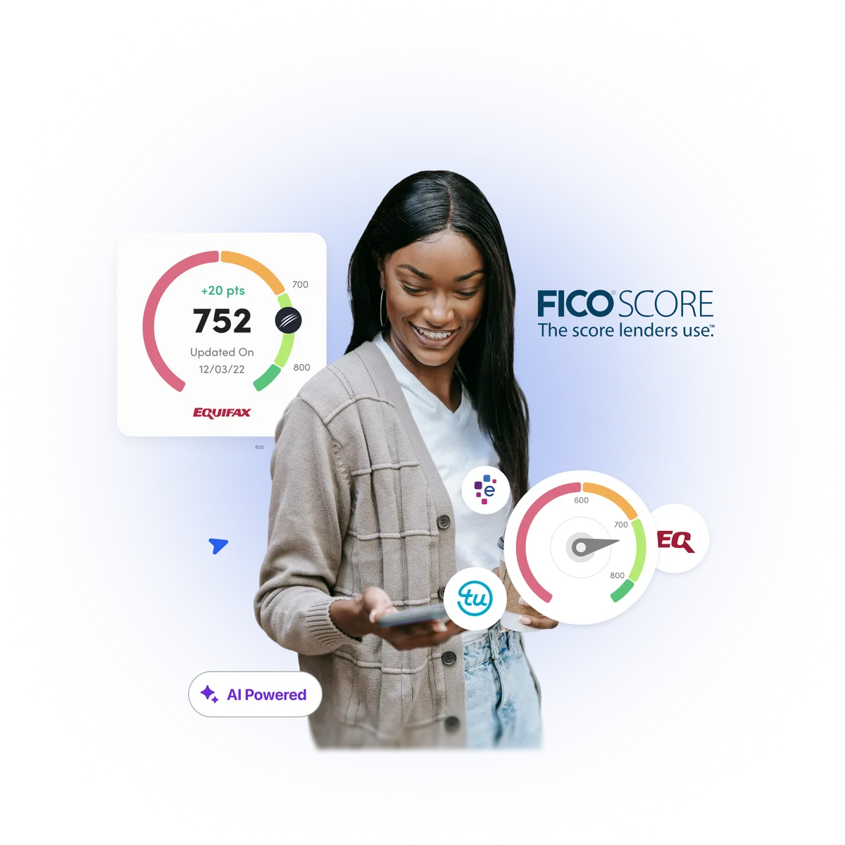 Woman holding phone with FICO score 752 dashboard