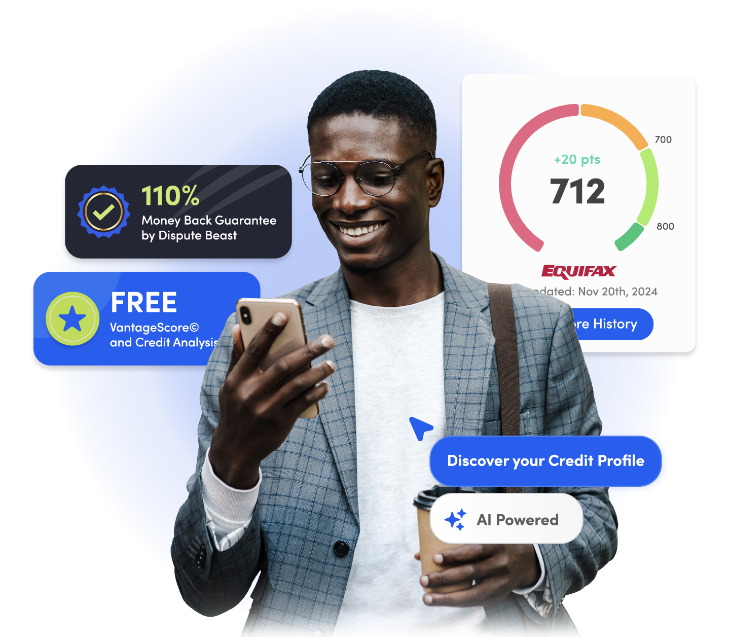 Dispute Beast AI credit repair dashboard showing score improvements